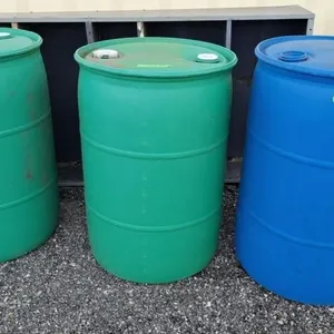 Trio of 50 gal plastic rain barrels 23" l x 35" h