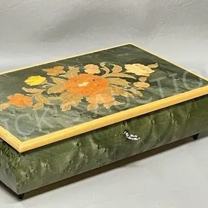 vintage inlay musical trinket box w/key  10" x 6"