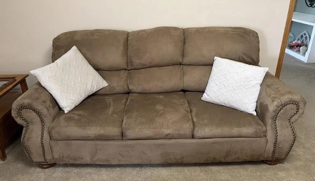 Tan Suede Hide-a-Bed Couch
- 88” x 40” x 40”