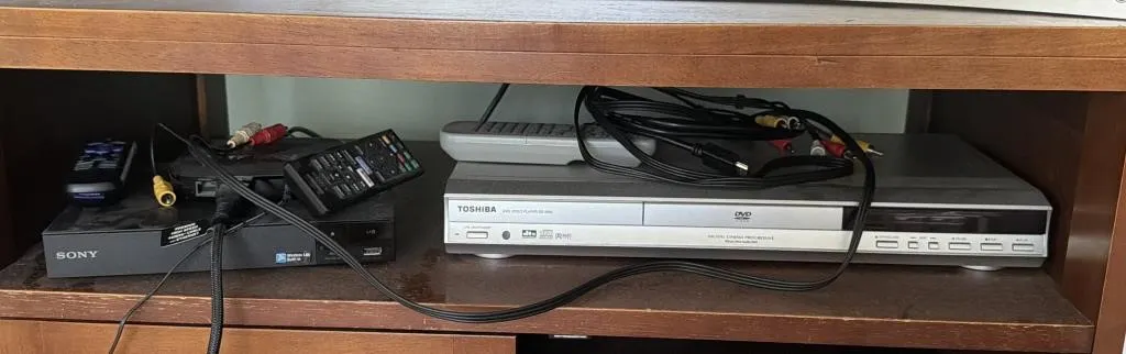 Toshiba DVD Player, Sony BluRay Player, and Roku