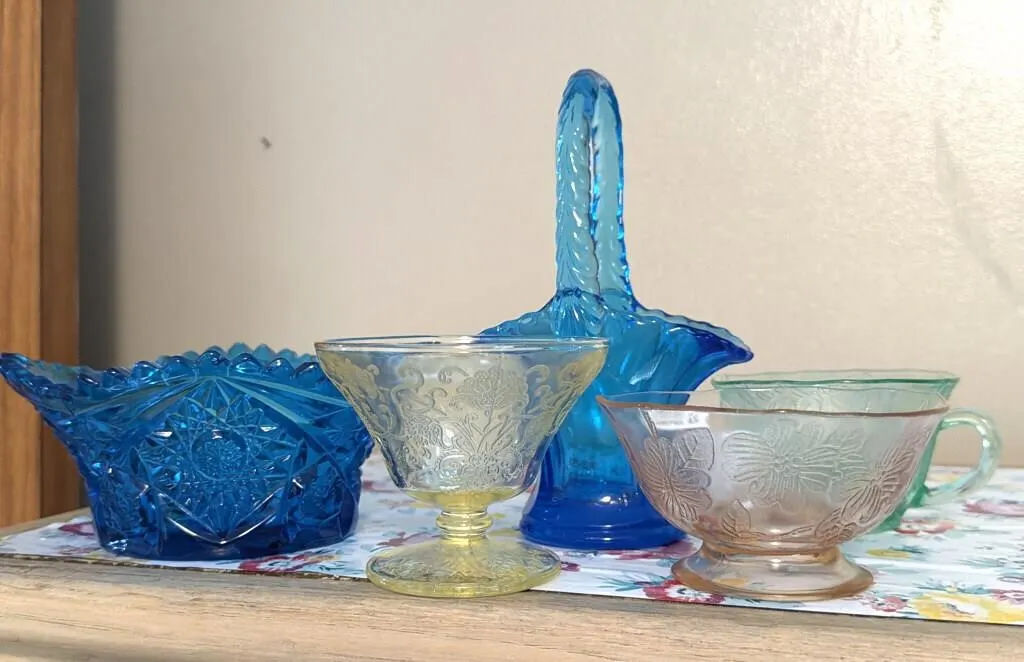 Blue Glass Basket, Blue Glass Bowl, Green
