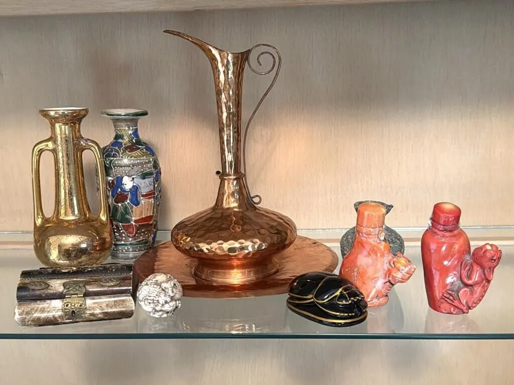 Carved Stone Bottles, Vases, Metal Pitcher and