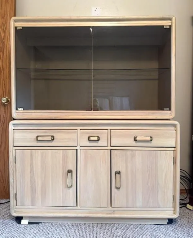 Vintage Two-Piece Blonde Wood China Cabinet