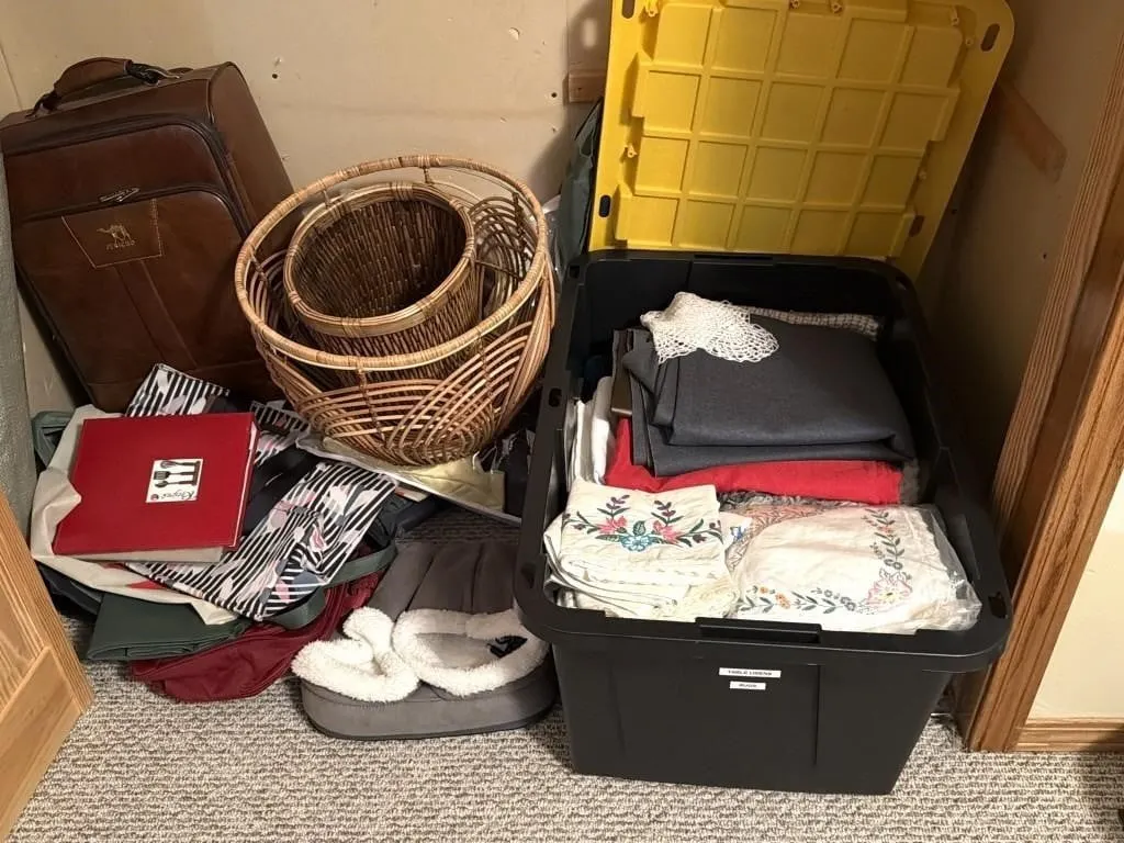 Vintage Linens, Wicker Baskets, Suitcase, and