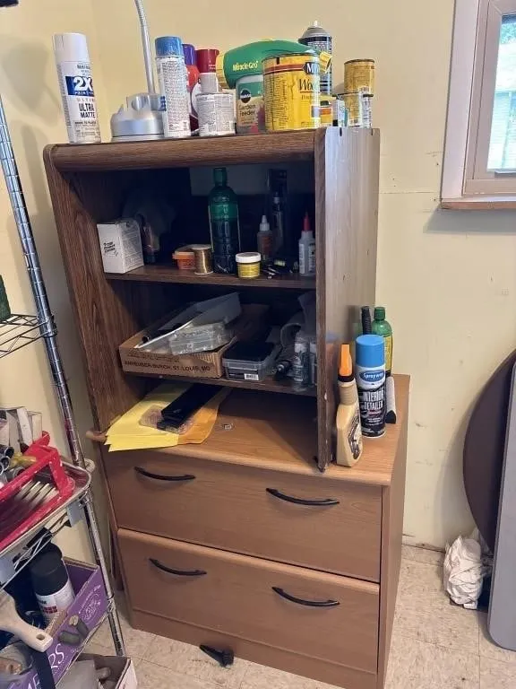 Wooden Filing Cabinet, Shelf & Contents