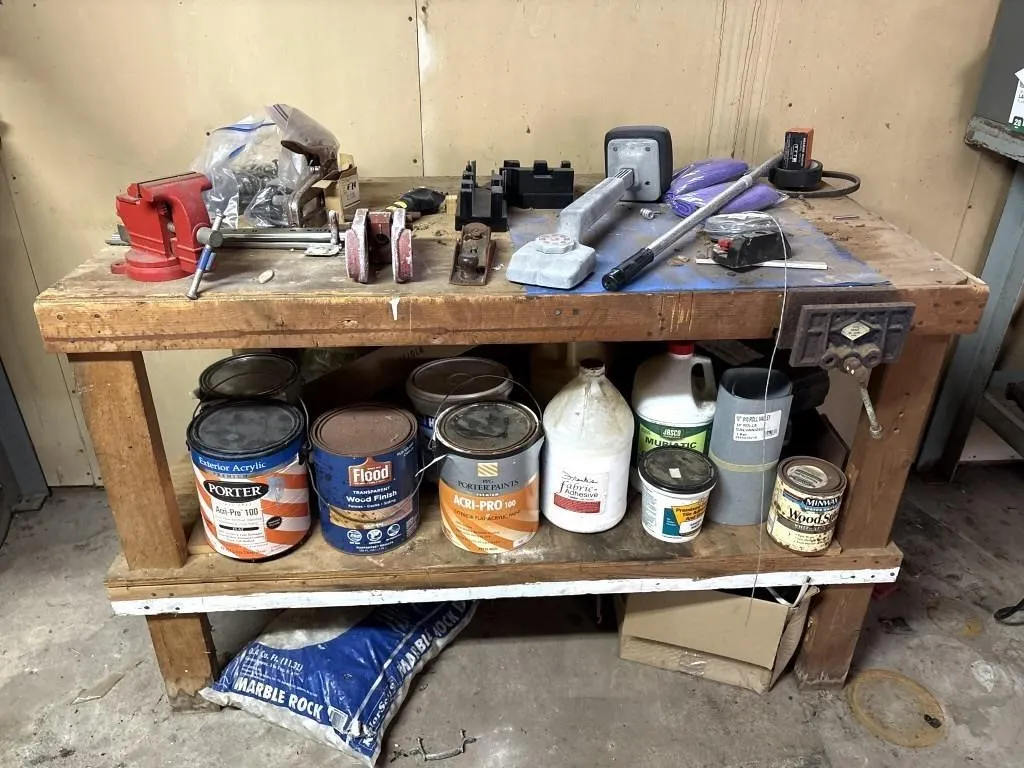 Wooden Work Bench 50x24x32 & contents