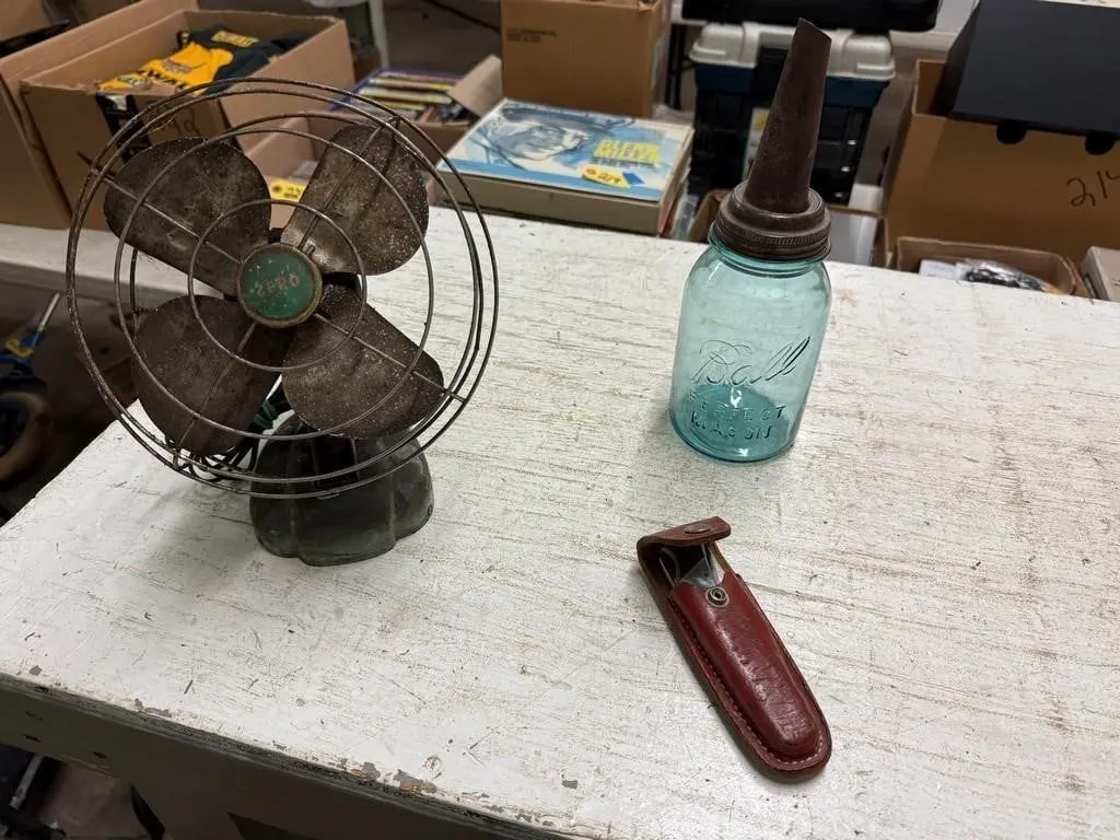 Vintage Fan, Ball Jar w/spout & Buck Knife