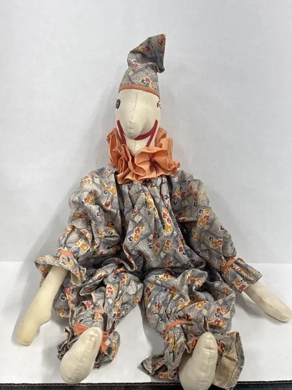 Vintage Handmade Cloth Clown Doll 23.5"