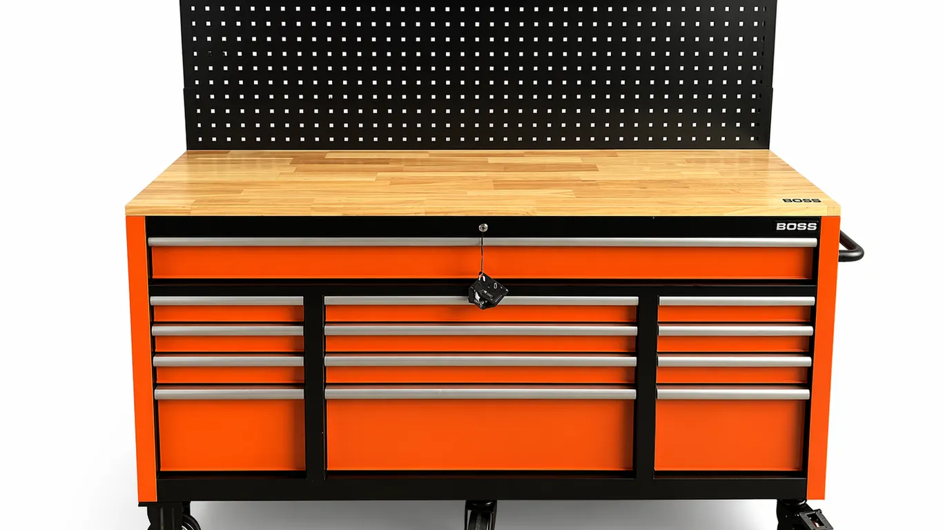 Unused Boss 16 Drawer Rolling Workbench Tool Box with Peg Board & Tools- Qty 1