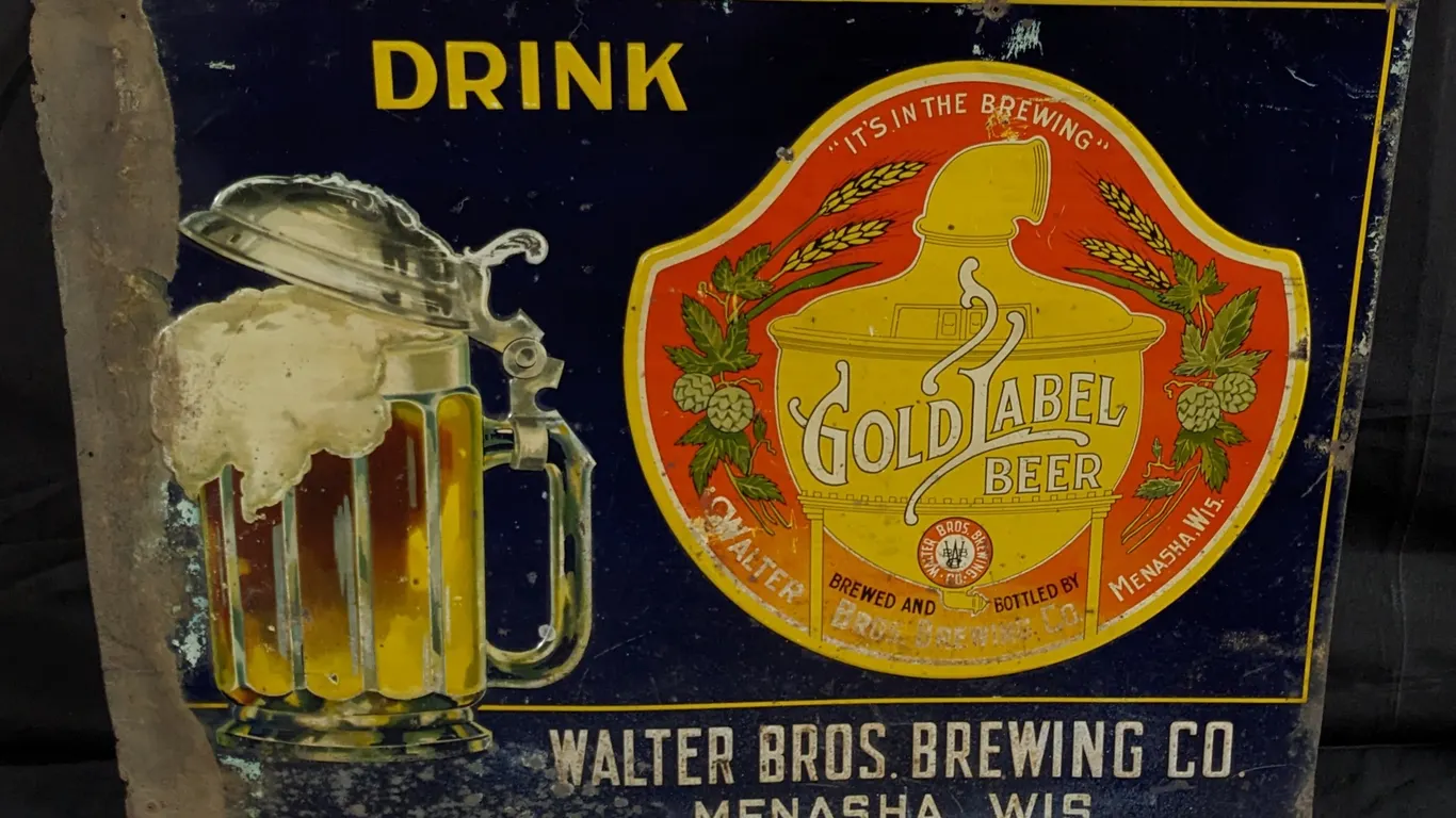 EMBOSSED TIN SIGN DRINK GOLD LABEL BEER WALTER BROS BREWING MENASHA WISCONSIN