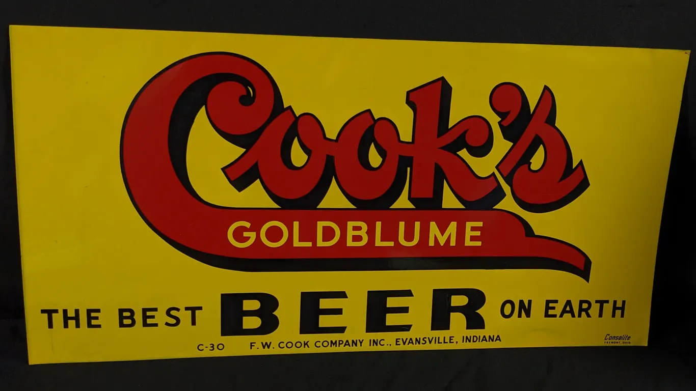 TIN SIGN COOK'S GOLDBLUME BEER THE BEST ON EARTH EVANSVILLE INDIANA (2 SIDED)