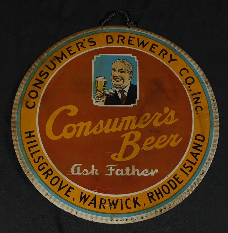 TIN SIGN CONSUMERS BREWERY BEER HILLSGROVE WARWICK RHODE ISLAND