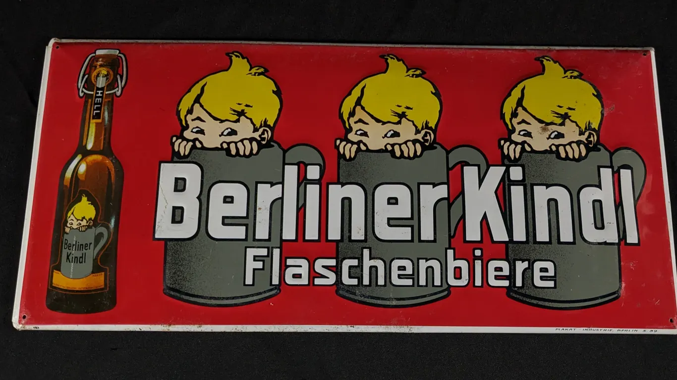EMBOSSED TIN BEER SIGN BERLINER KINDL FLASCHENBIERE