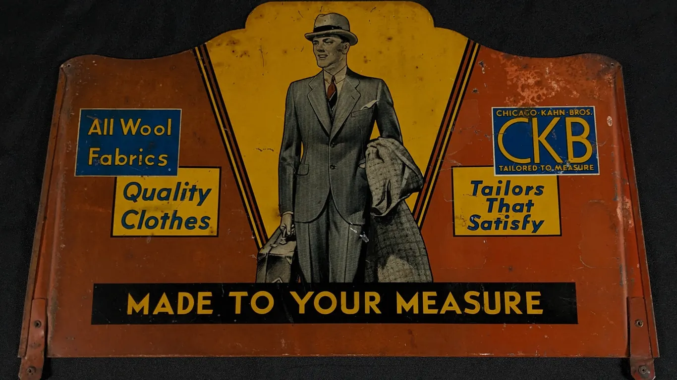 TIN RACK SIGN CHICAGO KAHN BROS CKB TAILORS