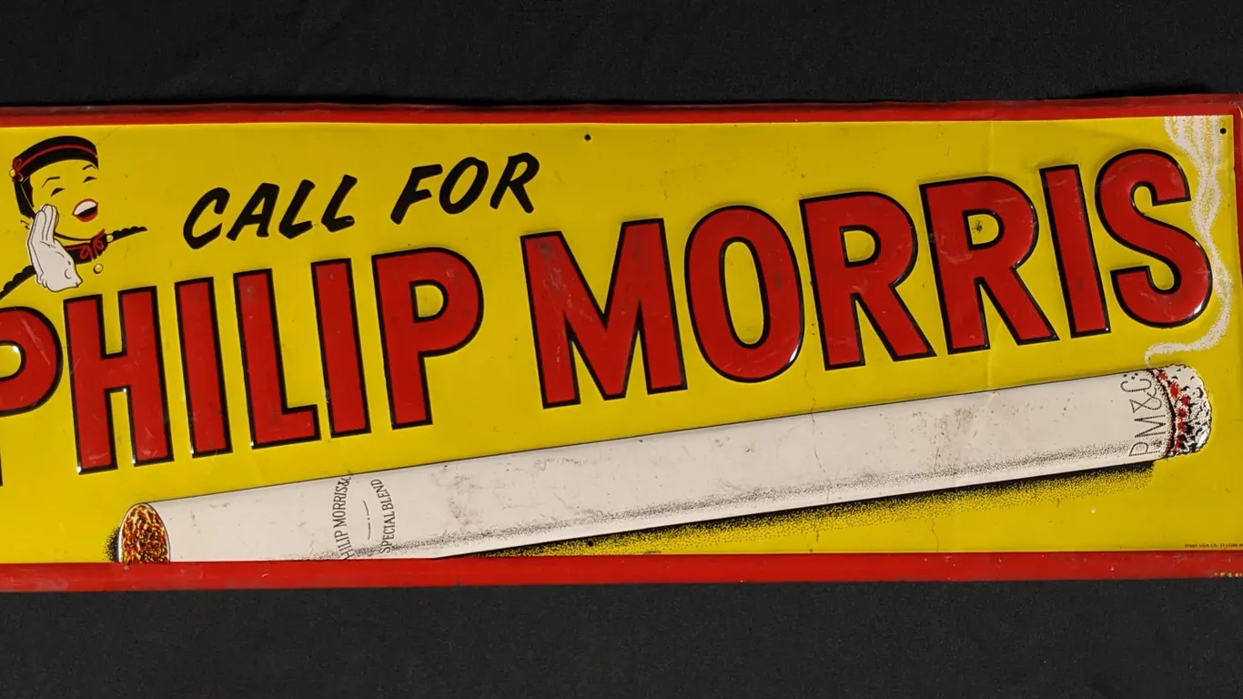 EMBOSSED TIN SIGN CALL FOR PHILIP MORRIS CIGARETTES