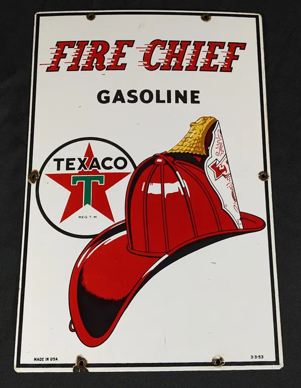 1953 PORCELAIN GAS PUMP SIGN TEXACO FIRE CHIEF GASOLINE