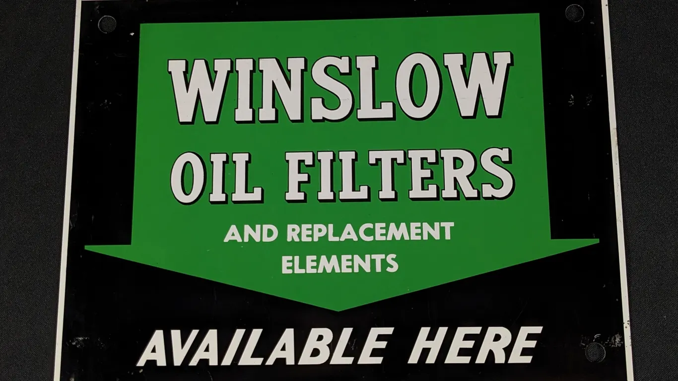 TIN RACK SIGN WINSLOW OIL FILTERS AVAILABLE HERE (2 SIDED)