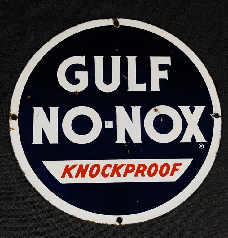 PORCELAIN GAS PUMP SIGN GULF NO-NOX KNOCKPROOF GASOLINE
