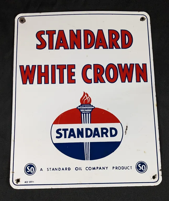 PORCELAIN GAS PUMP SIGN STANDARD WHITE CROWN GASOLINE