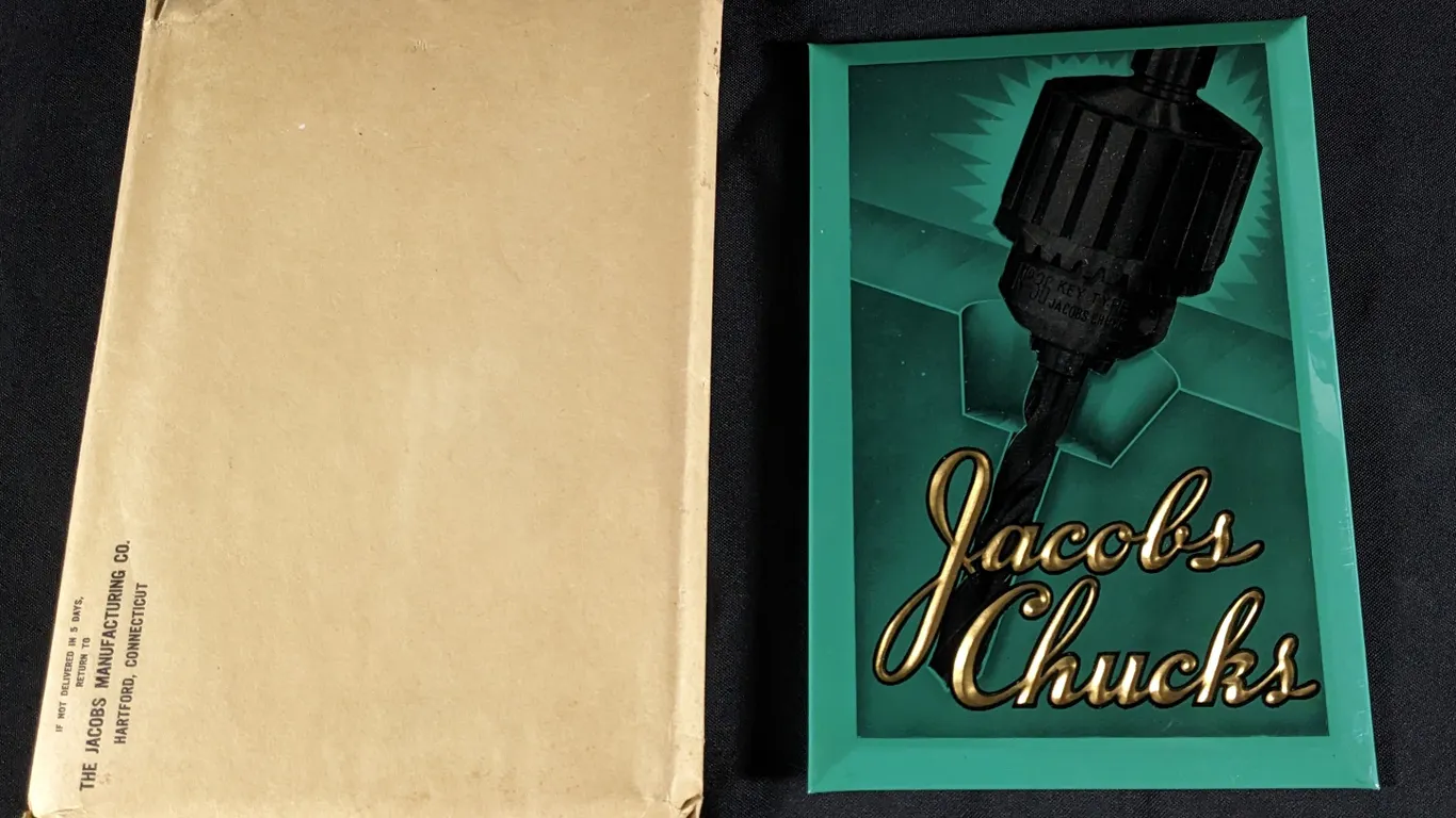 NOS CELLULOID OVER TIN SIGN JACOBS CHUCKS (FOR DRILLS)