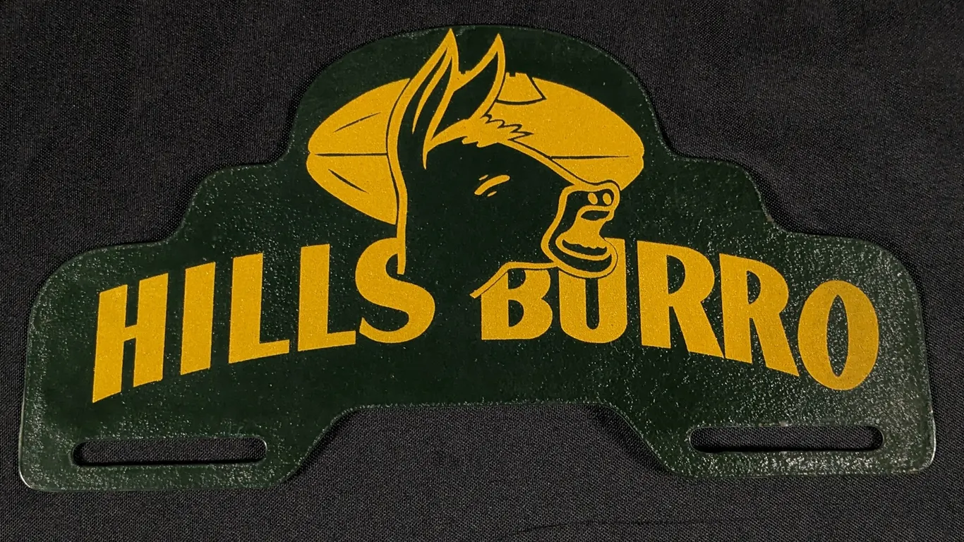 TIN LICENSE PLATE TOPPER HILLS BURRO HILLSBORO BURRO'S NASHVILLE TENNESSEE