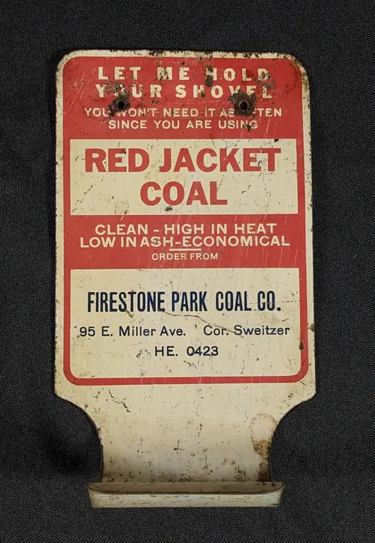TIN SHOVEL HOLDER SIGN RED JACKET COAL FIRESTONE PARK COAL CO (AKRON OHIO)