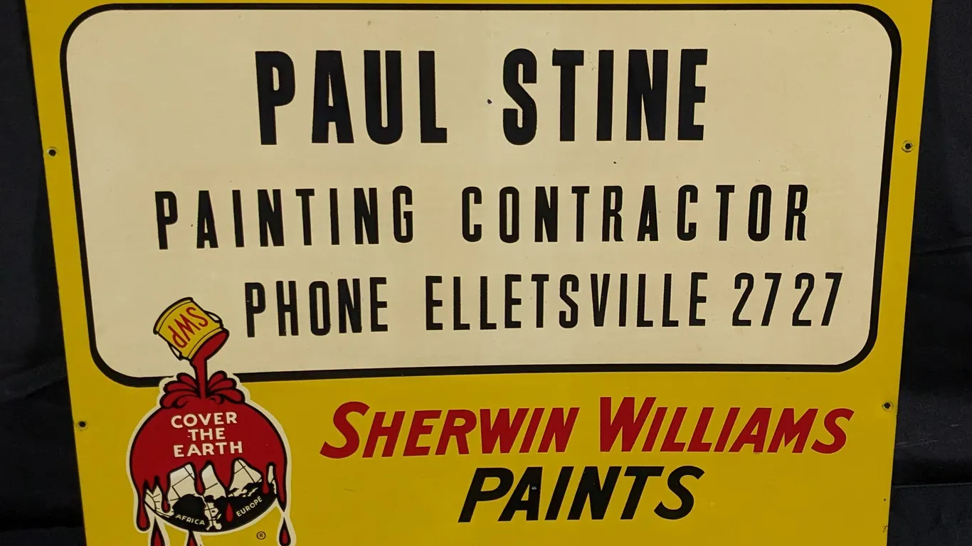 TIN SIGN SHERWIN WILLIAMS PAINTS PAUL STINE ELLETSVILLE (INDIANA) (2 SIDED)