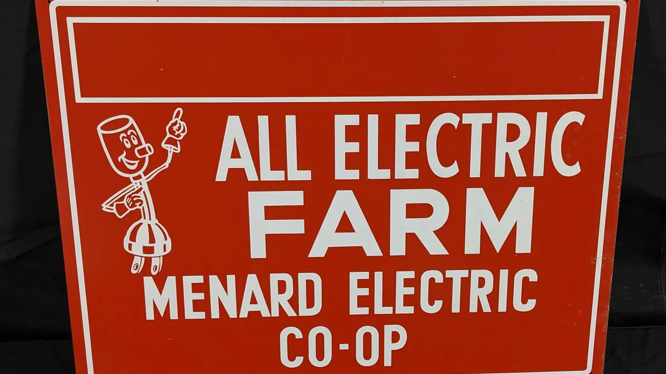 TIN SIGN ALL ELECTRIC FARM MENARD ELECTRIC CO-OP WILLIE WIREDHAND (2 SIDED)