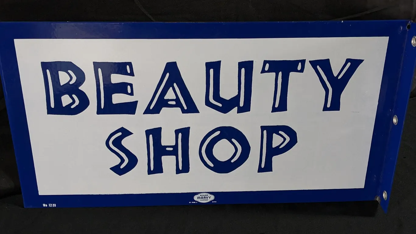 NOS PORCELAIN FLANGE SIGN BEAUTY SHOP