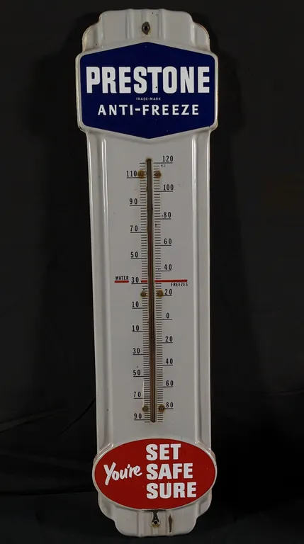 PORCELAIN THERMOMETER SIGN PRESTONE ANTIFREEZE YOU'RE SET SAFE SURE