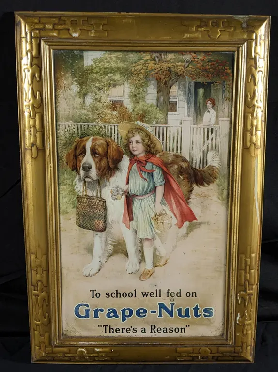 TIN LITHO SIGN TO SCHOOL WELL FED ON GRAPE NUTS "THERE'S A REASON"