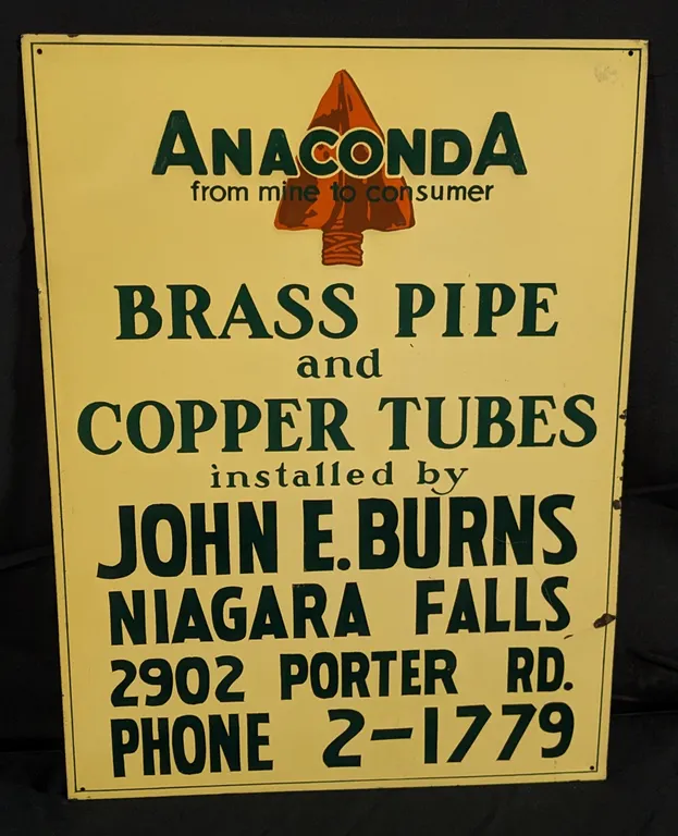 EMBOSSED TIN SIGN ANACONDA FROM MINE TO CONSUMER BRASS PIPE & COPPER TUBES NIAGRA FALLS NEW YORK