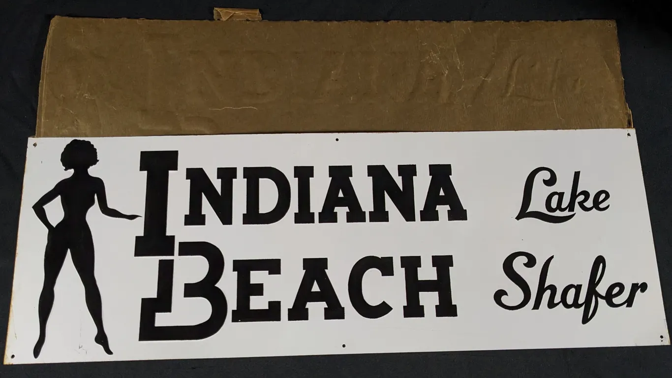 NOS EMBOSSED TIN SIGN INDIANA BEACH LAKE SHAFER