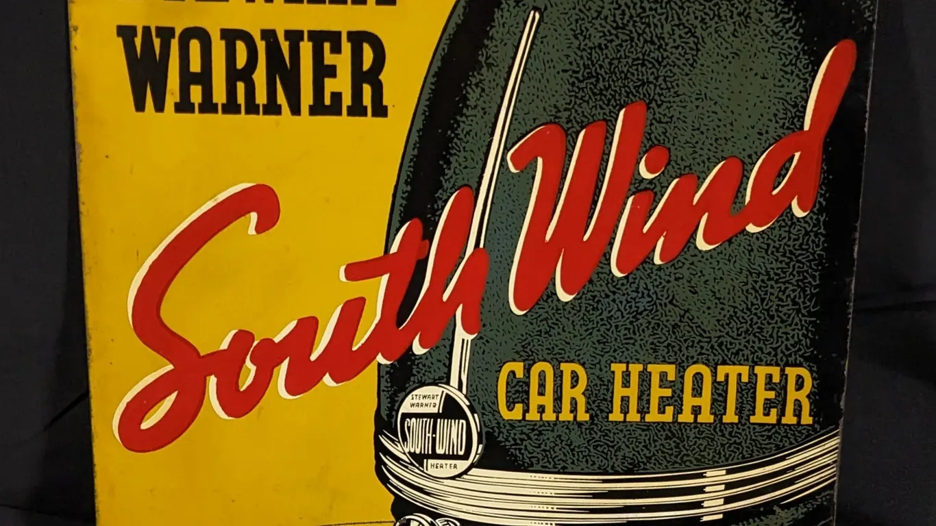 TIN SIGN STEWART WARNER SOUTH WIND CAR HEATER AUTHORIZED SERVICE (2 SIDED)