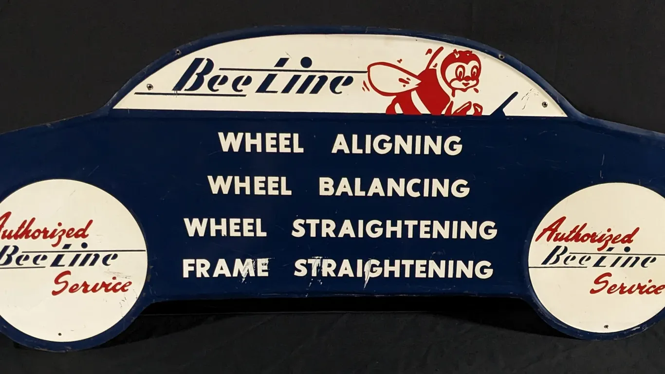 RARE DIE CUT TIN SIGN BEE LINE AUTHORIZED SERVICE WHEEL ALIGNING BALANCING & FRAME STRAIGHTENING