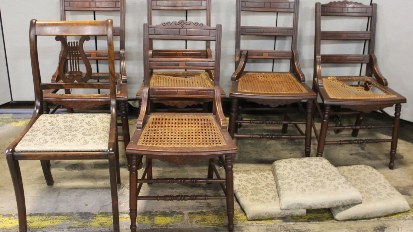 6 Wood Side Chairs with Caned and Upholstered Seats
