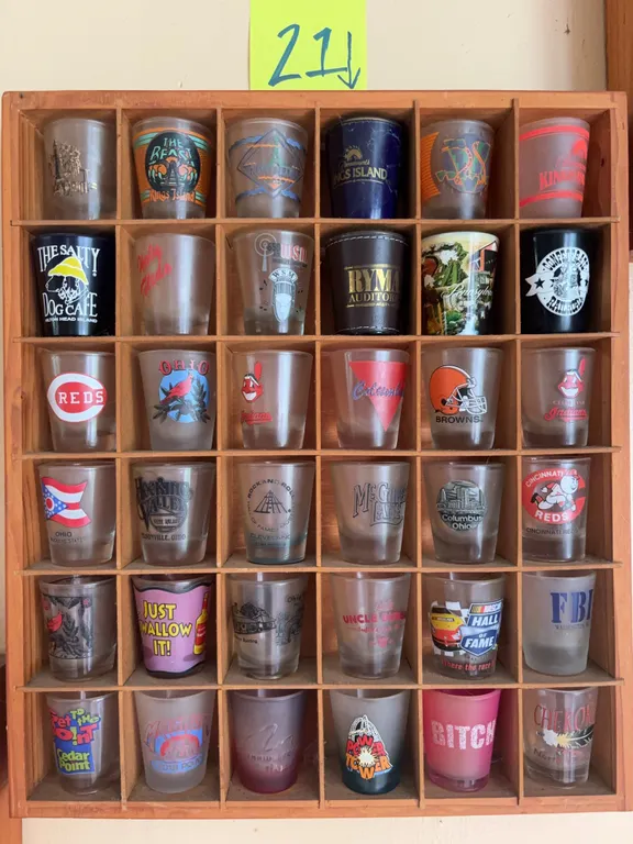 36 Shot Glasses with Wooden Display Rack