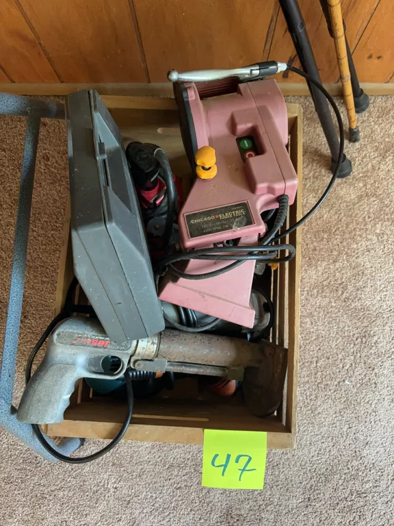 Wooden Crate of Assorted Power Tools (Chainsaw Sharpener, Heat Gun, Sanders, Grinders, Drill, and Mo