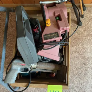 Wooden Crate of Assorted Power Tools (Chainsaw Sharpener, Heat Gun, Sanders, Grinders, Drill, and Mo
