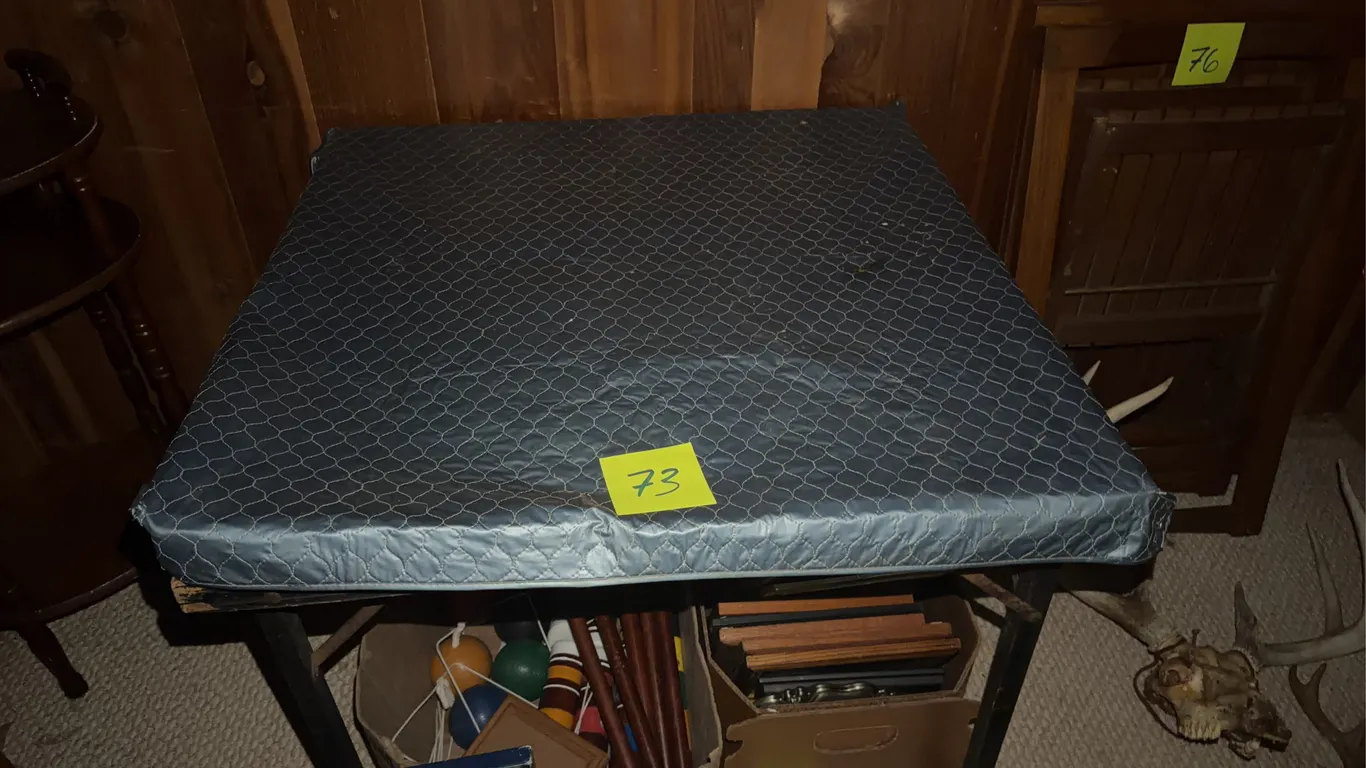 Black Floral Patterned Wooden Card Table with Blue Quilted Vinyl Cover