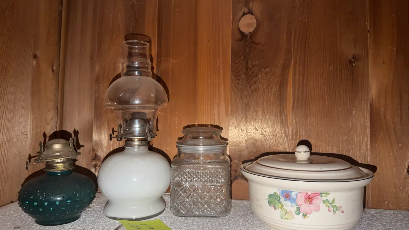 Oil Lamps, Glass Canister Jar, and Covered Casserole Dish (4 Pieces)
