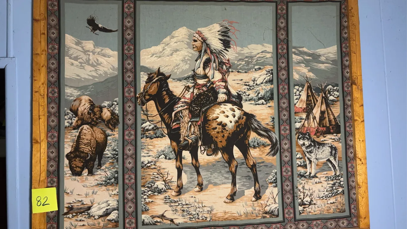 Native American-Themed Woven Tapestry Wall Hanging in Wood Frame