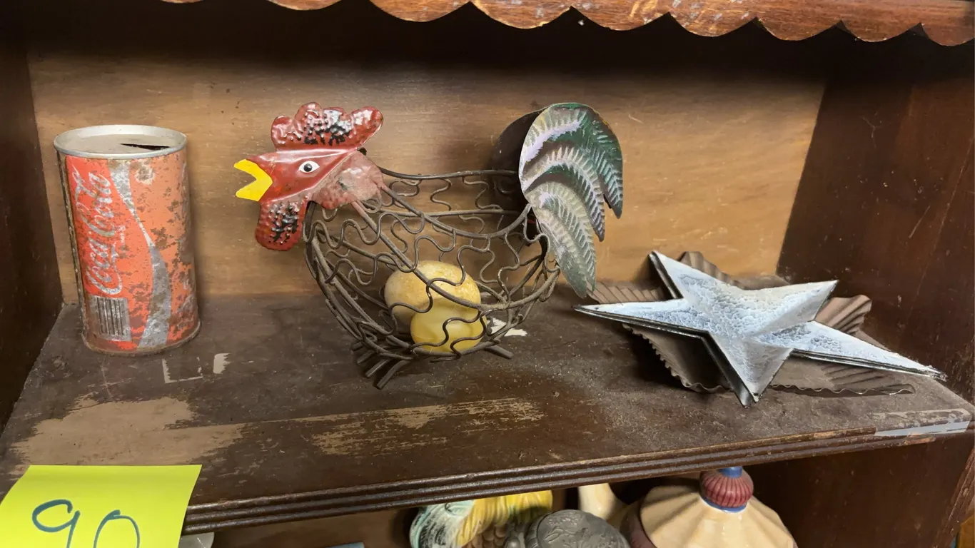 Vintage Coca-Cola Can Bank, Wire Chicken Egg Basket, and Tin Stars