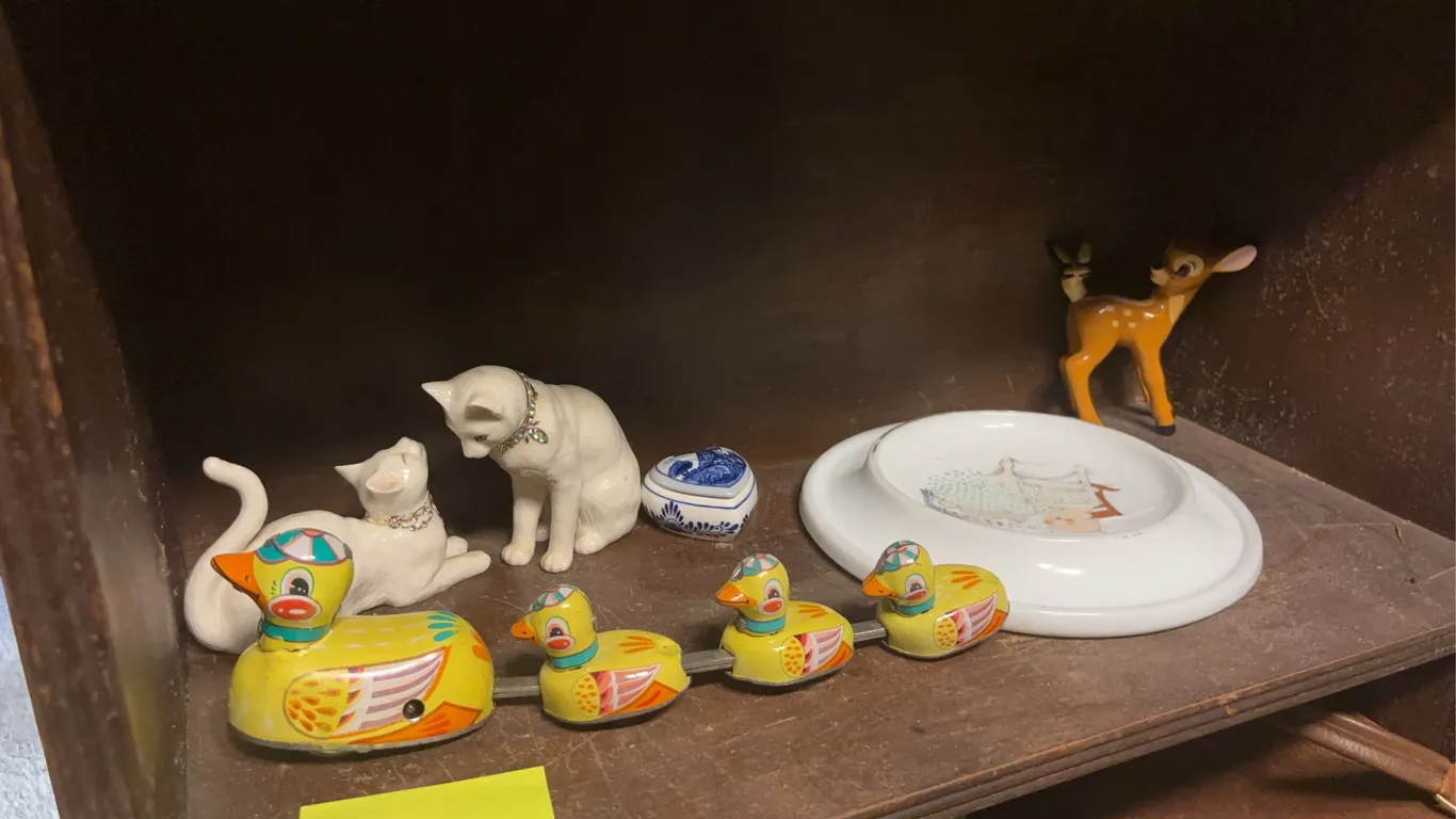 Porcelain Cat Figurines, Kewpie-Style Baby Dish, Trinket Box, Tin Litho Wind-Up Duck Toy, and Cerami