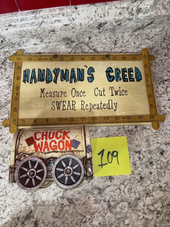 Chuck Wagon Ceramic Canister and Handyman's Creed Wooden Sign