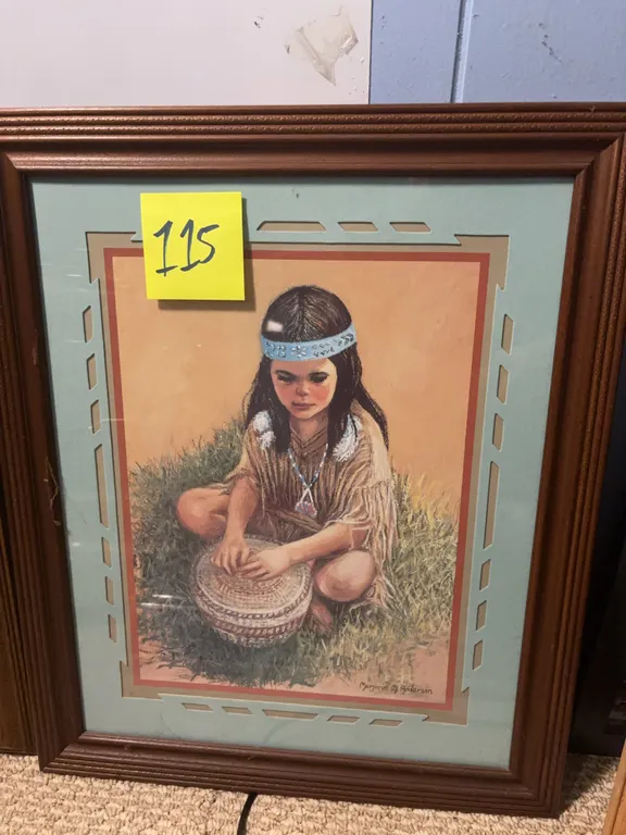 Framed Native American Girl Print, signed Marjorie M. Anderson