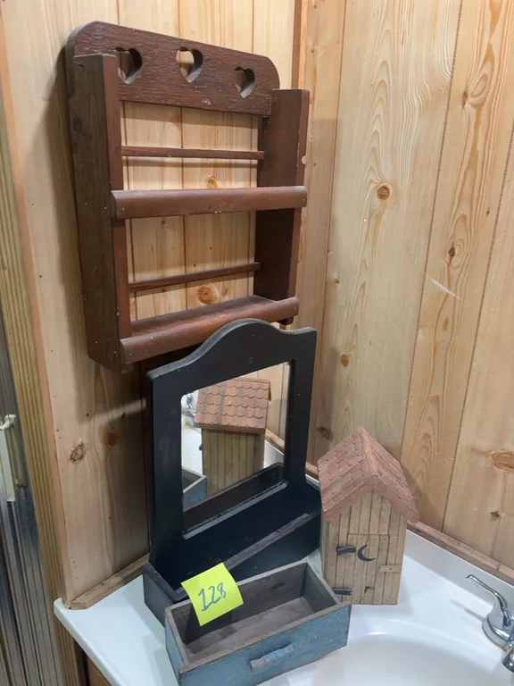 Wooden Wall Shelf, Mirror, Trinket Box, and Outhouse Décor Grouping