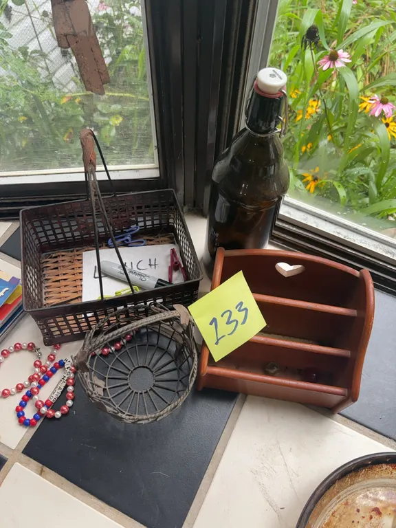 Small Wire Baskets, Glass Bottle, Wall Shelf, Necklace, and Book Grouping