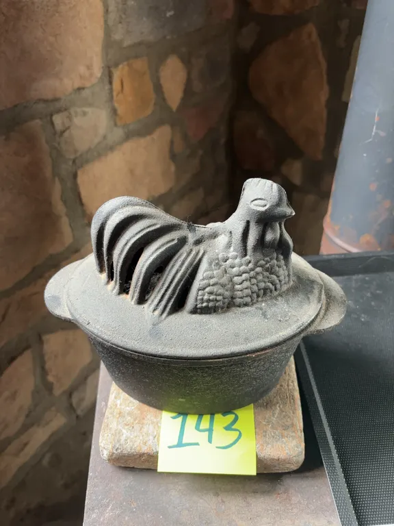 Cast Iron Rooster-Finial Lidded Pot