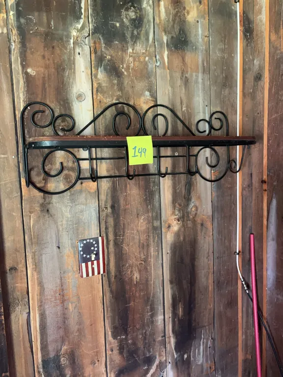 Wall Shelf with Scrollwork Brackets and Hooks